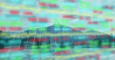 Dağ zirvesi göle yansıyor. Renkli çizgi grafikleri ve ok simgeleriyle finansal tabloları yansıtıyor. Doğa, manzara, veri görselleştirme, yatırım, finans, analitik, dinginlik