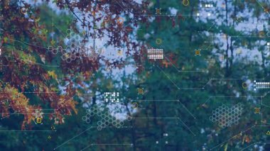 Dijital altıgen ızgaraları ve düz tasarımda düğüm bağlantılarıyla kaplanmış sonbahar dalları. Doğa, teknoloji, yenilik, veri, estetik, fütüristik, çevre