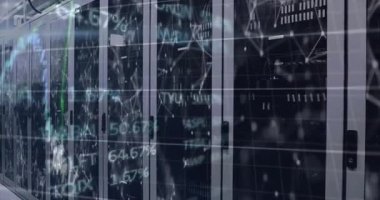 Veri merkezinde yükselen finansal grafikleri gösteren sunucu dolapları, düğümleri, yüzdeleri gösteriyor. Teknoloji, siber güvenlik, analitik, dijital, girişim, yenilik, bulut