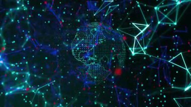 Merkezde dönen soyut dijital küre, ince neon çizgilere bağlanan parlayan ağ düğümleri. Gelecekçi, siber, teknoloji, bağlantı, veri, ağ, yenilik