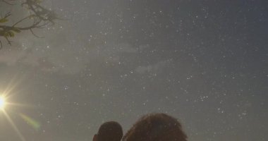 Deniz kenarındaki korkuluklara yaslanmış bir çift. Canlandırılmış yıldız simgeleri ve seyahat güzergahlarıyla. Romantizm, günbatımı, dinginlik, keşif, samimiyet, sükunet, macera