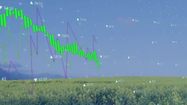 Sarı alanda yüzen yarı saydam mali tablo yeşil çizgileri ve zikzak çizgilerini gösteriyor. Dijital, doğa, fütüristik, büyüme, yenilik, veri, görselleştirme