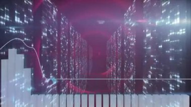 Veri görselleştirmesi dijital tünelde ilerliyor, şeffaf 3D bar grafiği ve çizgi grafiği içeriyor. Fütürist, teknoloji, analitik, yenilik, dijital, sürükleyici, soyut