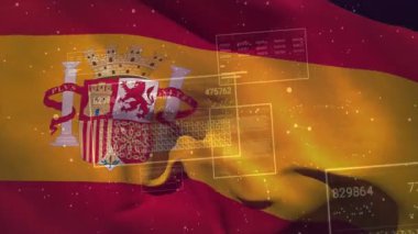 Yüzen şebeke panellerinin altında sallanan İspanyol bayrak arması rakamları ve şebeke hatlarını gösteriyor. Vatansever, dijital, fütürist, teknoloji, hükümet, yenilik, soyut