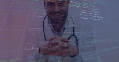 Erkek doktor el sıkışıyor, sağlık verilerini çizgi çizelgesi ve yüzdelik örtüleriyle gösteriyor. Analizler, sağlık hizmetleri, dijital, profesyonel, modern, bilimsel, danışma