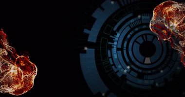 Kırmızı-turuncu parçacık dumanı kıvılcımlarla parıldarken 3D konsantre HUD arayüzü görüntüleniyor. Futuristik, teknoloji, soyut, dijital, arayüz, yenilik, görselleştirme