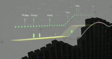 Animasyon dijital finans çizelgesi gri eğimli ve şamdanlı siyah çubukları gösteriyor. Analizler, veri görselleştirme, finans, dijital, gösterge paneli, teknoloji, ilerleme