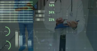 Doktor ve hemşire koridoru, sağlık verileri pasta grafikleri, çizgi grafikleri ve dünya haritasını gösteriyor. Tıbbi, sağlık, veri görselleştirme, analiz, profesyonel, klinik, dijital