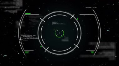 Fütürist HUD arayüzü koyu kaplama içinde dönüyor, yeşil kod parçaları ve deniz mavisi çizgileri gösteriyor. Teknoloji, arayüz, siber, dijital, animasyon, veri, ağ