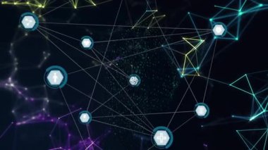 Parlayan altıgen simgelerini birbirine bağlayan ağı gösteren 3D görüntüleme, ikili basamaklar halinde insan formu oluşturma. Gelecekçi, teknoloji, sibernetik, yenilik, bağlantı, biyometrik, veri