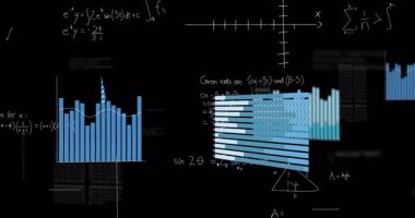 Beyaz el üzerinde yüzen yarı saydam mavi deniz mavisi çubukları katmanlı üç boyutlu resimleme ile matematik denklemleri çizdi. Geometrik, dijital alarm, soyut, bilim, teknoloji, eğitim, fütürist