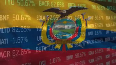 Dijital tuval üzerinde dalgalanan Ekvador bayrağı düz dizayn ile kaplanmış borsa işaretleri gösteriyor. Vatanseverlik, finans, sembolizm, teknoloji, grafik, ulusal, veri