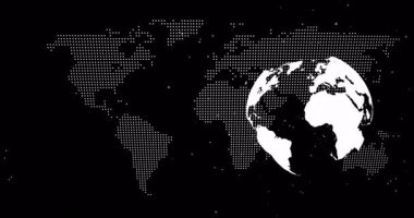 3D noktalı dünya haritası ve siyah arkaplan üzerinde süzülen beyaz küre, dağınık parçacık noktaları. Coğrafya, veri, teknoloji, ağ, dijital, görselleştirme, soyut