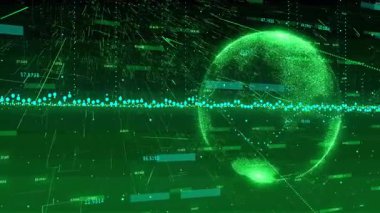 Yeşil parçacık küresi ağ akışını üç boyutlu görüntülüyor, yüzen çubuklarla, kablo çizim detaylarıyla. Fütürist, teknoloji, dijital, yenilikçi, kripto para birimi, siber, veri