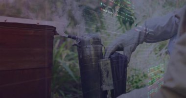 Erkek arı yetiştiricisi bahçede sigara içiyor, canlı borsa grafikleri ve kalp atışları sergiliyor. Apiary, bahçıvanlık, çevre, güvenlik, yatırım, açık hava, doğal