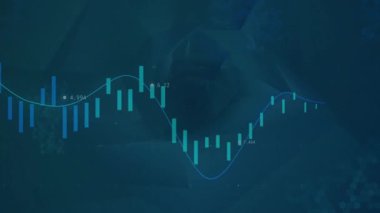 Mavi-yeşil çizgili turkuaz yeşil şamdanları gösteren soyut mali tablo. Veri görselleştirme, dijital arayüz, analitik, teknoloji, fütüristik, ticaret, yatırım