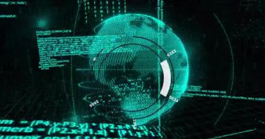 Ardışık kod akışlarını gösteren, segmentli veri çemberi içinde dönen üç boyutlu holografik dijital küre. Fütürist, sürükleyici, teknoloji, görselleştirme, siber, yenilik, dijital