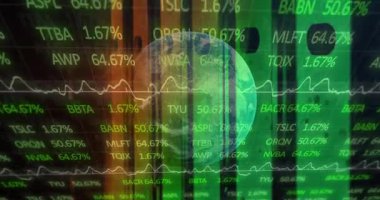 Yarı saydam Dünya küresi yüzüyor, borsa saatlerini karıştırıyor, yüzde yüz rakamlar, ölçüler, çizgi grafikleri. Küresel, finans, teknoloji, veri görselleştirme, dijital, analitik, yatırım