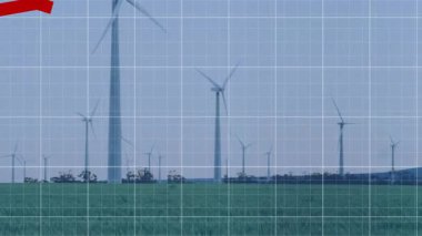 Rüzgar türbini kuleleri düz yeşil alanda şematik şebeke ve kırmızı oklarla kaplanıyor. Yenilenebilir enerji, sürdürülebilirlik, teknoloji, yenilik, güç üretimi, çevre, çevre dostu