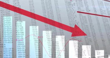 Düz UI 'da yükselen veri eğilimlerini gösteren gösterge paneli, kırmızı ok, pembe dalgalı çizgi, kod tabloları. Analizler, teknoloji, veri, görselleştirme, arayüz, dijital, ilerleme