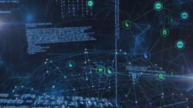 Süzülen alfanumerik kod parçalarını gösteren koyu mavi ağ yeşil altıgen ekommerans simgelerini birbirine bağlıyor. Dijital, teknoloji, fütüristik, ağ, siber, yenilik, veri