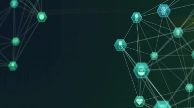 Birbirine bağlı altıgen ikonlar koyu yeşil gradyan üzerinde DNA tüpü kalp çaprazını gösteriyor. Teknoloji, yenilik, biyoteknoloji, veri görselleştirme, dijital arayüz, sağlık hizmetleri, bilim