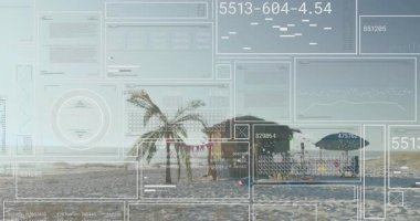 UI veri kaplamaları yüzerken kiraz renkli bayraklı saman çatılı kulübeyi gösteren animasyon çizimi. Tatil, boş zaman, tropikal, tatil, açık hava, rahatlama, canlı