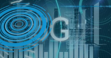 Sunucular üzerinde 5G metin, dürbün tarama ve veri işleme resimleri. Küresel bağlantılar, veri işleme ve dijital arayüz konsepti dijital olarak oluşturulmuş resim.