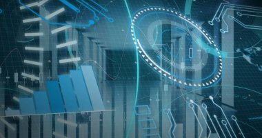 Sunucular üzerinde 5G metin, dürbün tarama ve veri işleme resimleri. Küresel bağlantılar, veri işleme ve dijital arayüz konsepti dijital olarak oluşturulmuş resim.