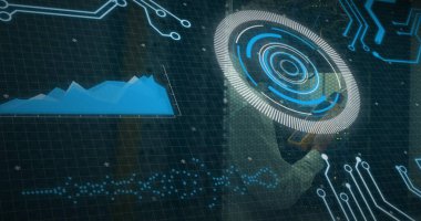 Kafkas erkek sunucu oda çalışanını tarama görüntüsü. Küresel bağlantılar, veri işleme ve dijital arayüz konsepti dijital olarak oluşturulmuş resim.