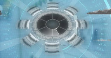 Sunucu üzerinde tarama ve veri işleme dürbünü resmi. Küresel bağlantılar, veri işleme ve dijital arayüz konsepti dijital olarak oluşturulmuş resim.