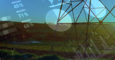 Elektrik direği ve peyzaj üzerinde veri işleme resmi. küresel enerji, elektrik ve veri işleme kavramı dijital olarak oluşturulmuş görüntü.