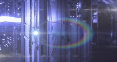 Image of light spots over server room. global business and digital interface concept digitally generated image.