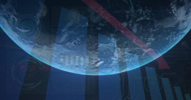 Karanlık arka planda dünya çapında finansal veri işleme görüntüsü. Küresel bilim, bağlantılar, veri işleme ve dijital arayüz kavramı dijital olarak oluşturuldu.