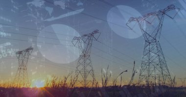Elektrik direği ve peyzaj üzerindeki istatistik ve veri işleme görüntüleri. küresel enerji, elektrik ve veri işleme kavramı dijital olarak oluşturulmuş görüntü.