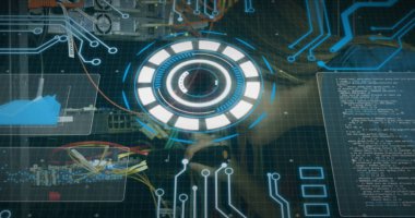 Bilgisayar sunucusundaki kablolar üzerinden tarama ve veri işleme görüntüsü. küresel hesaplama ve veri işleme kavramı dijital olarak oluşturulmuş resim.