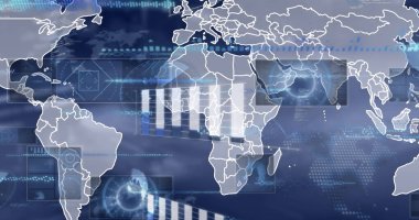 Bulanık arkaplanda veri işleme resmi. küresel iş ve dijital arayüz kavramı dijital olarak oluşturulmuş görüntü.