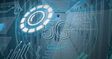 Kafkas sunucu odasındaki dijital arayüz görüntüsü. Küresel iş, finans, veri işleme ve dijital arayüz kavramı dijital olarak oluşturuldu.