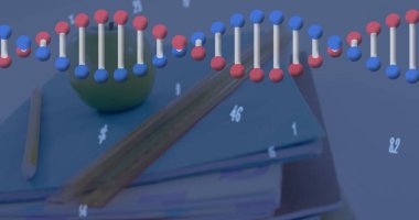 DNA iplikçiklerinin dünya çapındaki bağlantı ağlarıyla dönmesi. Küresel bilim araştırma bağlantıları ve dijital arayüz konsepti dijital olarak oluşturulmuş görüntü.