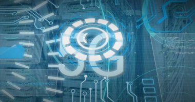 Sunucu odasının üstündeki dijital arayüzün resmi. Küresel iş, finans, veri işleme ve dijital arayüz kavramı dijital olarak oluşturuldu.