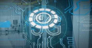 Boş ofis üzerinde tarama ve veri işleme alanı resmi. Küresel iş ve dijital arayüz kavramı dijital olarak oluşturulmuş görüntü.