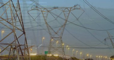 Elektrik direği ve peyzaj üzerindeki istatistik ve veri işleme görüntüleri. küresel enerji, elektrik ve veri işleme kavramı dijital olarak oluşturulmuş görüntü.