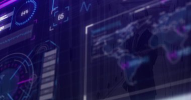 Karanlık arka planda veri işleme resmi. Küresel bilim, bağlantılar, veri işleme ve dijital arayüz kavramı dijital olarak oluşturuldu.