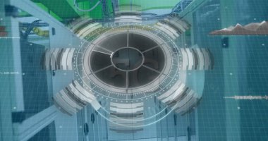 Sunucularda tarama ve veri işleme dürbünü görüntüsü. Küresel bağlantılar, veri işleme ve dijital arayüz konsepti dijital olarak oluşturulmuş resim.