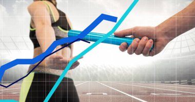 Beyaz kadın koşucu üzerinden finansal veri işleme görüntüleri. Spor, rekabet, eğlence ve teknoloji konsepti dijital kompozit görüntü.