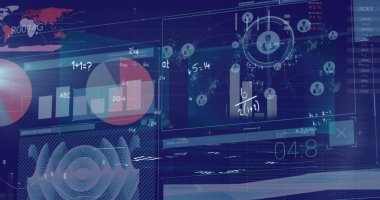 Mavi arkaplanda veri işleme resmi. küresel iş ve dijital arayüz kavramı dijital olarak oluşturulmuş görüntü.