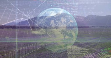 Rüzgâr türbininin üzerindeki grafikler, küre ve veri işleme resimleri. Çevre, sürdürülebilirlik, ekoloji, yenilenebilir enerji ve teknoloji konsepti dijital olarak oluşturulmuş görüntü.