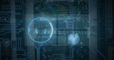 Sunucu odasında veri işleme resmi. Küresel bilim, bağlantılar, veri işleme ve dijital arayüz kavramı dijital olarak oluşturuldu.