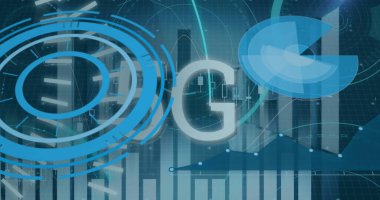 Sunucu odasında 5G metin ve veri işleme resmi. Küresel bağlantılar, veri işleme ve dijital arayüz konsepti dijital olarak oluşturulmuş resim.