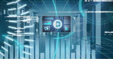 Merkezi monitör ekranı koridorda süzülüyor. 3 boyutlu çubuk çizelgeleri ve kod akışları olan sütunlarla çevrili. Fütürist, yüksek teknoloji, holografik, dijital, veri görselleştirme, sanal gerçeklik, büyüleyici